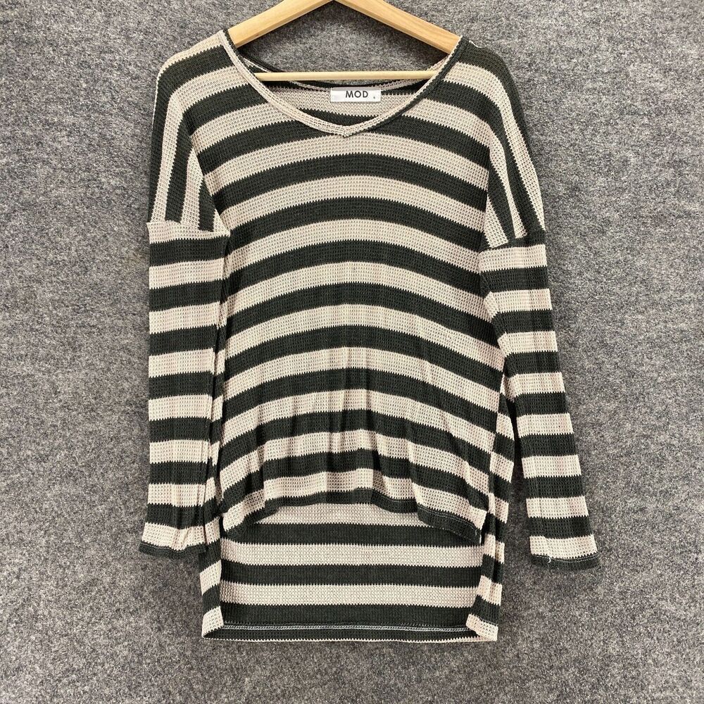 Mod Sweater Pullover Women S Small Black Striped Knit V-Neck Long Sleeve Casual